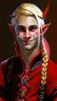 Placeholder: A young elf with blond hair in a single braid and a smirk. He is dressed in an artist's costume mixing red and black as the main color.