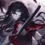 Placeholder: Clear focus, High resolution, rough line sketch art, long black hair, hair between eyes, fluffy hair, purple eyes, wearing a black and red sailor uniform, dark aura, mad, holding katana, bloody mess