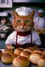 Placeholder: Portrait photo of an anthropomorphic baker cat at a bakery baking rustical bread, Fuji Velvia 50 film 4 HD