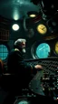 Placeholder: Captain Nemo sitting in a dark submarine control room , inside the submarine room that is filled with cages and buttons and valve on the control dashboard paint it in the baroque style,