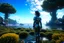 Placeholder: young woman in an android suit with dark hair, standing on the shore of an alien sea. Floating forests with dandelion tops in the distance