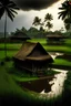 Placeholder: rumah Panggung Sunda Jawa Barat Indonesia di dekat sawah dan hutan