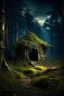 Placeholder: magic fabulous forest, old dilapidated hut in the forest, moss on the ground, fantasy, photorealism, clear drawing of all details, dark, night, moonlight, mysticism