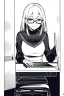 Placeholder: girl with glasses works on a computer in a cafe, line arts, greyscale