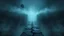 Placeholder: passage over nothingness, surreal, dark and cold abstract artwork dominated by deep blue, icy cyan, charcoal black and muted steel-grey tones. An narrow passageway emerges from an abstract distorted weird landscape, surrounded by thick fog and drifting mist. The space feels nightmare, alien and unsettling, with floating circle and line geometric forms, black onix column fragmented and unnatural perspectives. At the center of the composition cracked stone way over abyss
