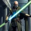 Placeholder: star wars bald male corellian jedi pilot wearing black and olive drab old republic armored flightsuit with gold trim inside the jedi temple holding a lightsaber with viridian green blade in left hand, centered head and shoulders portrait, hyperdetailed, dynamic lighting, hyperdetailed background, 8k resolution, volumetric lighting, light skin, fully symmetric details