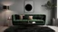 Placeholder: Black interior with green velour sofa, table, fur carpet and decor. 3d render illustration mock up.