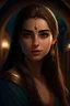 Placeholder: a girl with long brown hair in High bun, almond shaped eyes, brown eyes, detailed, 4K, mystical, arabian nights,