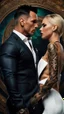 Placeholder: Jason david frank muscular male with short dark hair and tribal tattoos wearing a designer suit, whispering in ear of young blonde woman wearing white dress. fantasy, hyper realistic