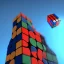 Placeholder: mile tall rubik cube skyscraper tower red green blue white