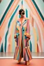 Placeholder: Fashion model full view in a colorful costume at milan fashion week show, in the style of retro grotesque, kawaii aesthetic, pop inspo, inspired by 50s ::9 Fashion photography, fabric print Gareth Pugh Style, oversized portraits, multi – layered, terracotta