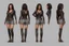Placeholder: Female stylized character sheet for 3d modeling full normal anatomy correct proportion Full front view side view and back anatomy .art station 8k fair skin A short, brunette woman with cheeks, disheveled black hair, and a shaved lower lip