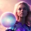 Placeholder: A portrait of a crystalline girl,smiling, longs blond hairs, galactic dress, atmospheric, realistic, cinematic lighting, octane render, purple and blue sky, nebula, stars, planets, spaceship