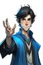 Placeholder: a young half elf man sea sorcerer black hair, small pointy ears and blue eyes. Pointing his finger