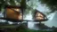 Placeholder: modern house by a big water falls in a karstic montain rain forest