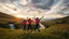 Placeholder: a group of young ladies in sports pants and blouse are dancing to camera in high grassy hills,a small fall and river and wild flowers at river sides, some village house,cloudy sun set sky