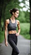 Placeholder: photography of a beautiful anorexic woman, anthracite satin triathlon top, sports illustrated, brunette short wavy bob haircut, pronounced sternum, flat chest, anthracite short leggins