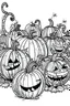 Placeholder: A spooky pumpkin patch with Jack-o'-lanterns of different sizes and expressions.. Outline, sketch style, only use outline, mandala style, clean line art, white background, no shadows, no clear wall, coloring page.