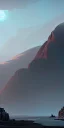 Placeholder: Cold desolate, mountainous, snowy, misty, dark, barren land by the seaside