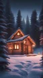 Placeholder: one winter log cabin in the woods pine forest trees snowy night colored garlands