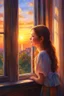 Placeholder: a girl looking out a window at the sunset, girl watching sunset, realistic cute girl painting, smiling girl, photorealistic anime girl render, looking at sunset, looking out at a sunset, cgsociety 9, beautiful character painting, portrait anime girl, beautiful anime portrait, photorealistic disney, by Victor Nizovtsev, sunset illustration