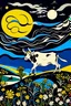 Placeholder: una vaca saltando en la llanura pampeana argentina bajo una luna brillante al estilo de Henri Matisse