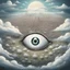 Placeholder: A surrealistic landscape of a dreamlike world. There's a giant eye with a tiny person standing on its iris. The eye is surrounded by clouds. In the background, there's a city with buildings that resemble teeth. The ground is covered with small, white flowers.