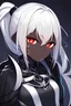 Placeholder: dark skin, simple, looking at viewer, crying, red eyes, white pupils, white ponytail, dark knight black armor, 1girl, upper body