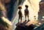 Placeholder: a boy is hanging on the edge of a cliff, holding on, another boy is helping him, holding his hand from above, flowers on the edge of the cliff, waterfall in the sunlight in the background