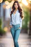 Placeholder: full body show the genre is modern, a beautiful woman model and actress, long hair, bright eyes perfect facial features,wearing pants and pretty shirt, a very beautiful favorite, a full body, he stands tall, background bokeh