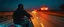 Placeholder: The kebab man driving fast on his motorcycle, fire from the exhaust, widescreen picture, empty road on the country at night, comic style, no helmet and he have a long black beard, neon kebab signs along the road, jesus at his cross