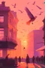 Placeholder: sunset, light pink, light orange, light yellow, light violet, buildings, city, people, market, houses, streets, lamps,birds