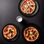 Placeholder: pizza on plate, coca cola glass, black background