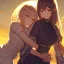 Placeholder: Clear Focus, High resolution, 2 girls hugging, the two girls is a human version of sun and moon, sun if happy and moon is sad, sun in the background