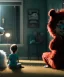 Placeholder: Realistic toys room scene. big furry monster sitting. girl from behind. Steven Spielberg style. Red hair, smile, happy, gradient color fog. highly detailed, concept art, unreal engine 5, ray tracing, RTX, lumen lighting, ultra detail, volumetric lighting, 3d, finely drawn, high definition, high resolution.