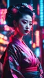 Placeholder: a captivating image of a cyberpunk geisha adorned with neon-lit traditional attire. Emphasize the contrast between the classic elegance of a geisha and the futuristic glow of neon lights in a bustling cityscape, 4k