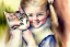 Placeholder: A cute smiling Norwegian girl is holding a kitten. Watercolour