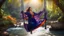 Placeholder: Hyper Realistic Photographic-Zoomed-View Of Young Beautiful Pashto Woman Wearing Navy-Blue-Dress-&-Purple-Shawl-With-Orange-Embroidery Happily Swinging on a Swing Above A Spring-Water inside a beautiful jungle with sun-rays showing dramatic & cinematic ambiance.