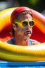 Placeholder: brad pitt sitting in donut swim ring with goggles on