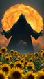 Placeholder: A field of random sunflowers with bright lighting , at the end of the picture is a dark background a huge nuke explosion behind the explosion a very large open arms dark scary shadow of a black hooded creature
