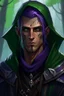 Placeholder: Portrait of 35 year old male rogue elf, thief assassin, purple hair, bright green eyes, brown skin, black hood, black leather armor, messy, disheveled, trees, sneaky