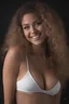 Placeholder: extremely tiny, thin, beautiful 21-year-old Sheena Greane with long, wavy curly blonde hair, wearing black strapless sports bra and cotton shorts, smiling a happy smile, extremely giant, oversized, humongous orbs, pitch black background, professional quality studio 35mm 8x10 uhd photograph,