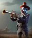 Placeholder: mechanoid happy friendly fat clown playing jazz with a steampunk theme, trumpet, realistic