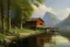 Placeholder: Peder Mork Monsted style, fisher hut with a pier