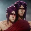 Placeholder: Barbarian anime character, animal hide armor, physically fit, tribal tattoos, scars, washboard abs, red facepaint, red hair, dark eyeshadow, intricate eyeliner, soft round eyes, beads in hair, 8k resolution, cinematic smooth, intricate details, vibrant colors, realistic details, masterpiece, oil on canvas, smokey background