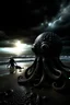 Placeholder: Digital art, high quality, digital masterpiece, natural illumination, stormy day, spotlight, realistic, film style, beautiful, (full body:3), (1 large tentacke emerging out if the sand:3), (multiple eyes:1.8), (crazy eyes:1.6), black tentacle, dark tones, sad beach, rainy