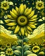 Placeholder: giant sunflower, with beautiful bees flying around, in shephard fairey style graphic, urrounded by golden leaves, sharp detailed graphic, garden background with blue sky and white clouds.