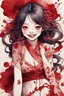 Placeholder: body anormal, smile, blood, girl cute, watercolor illustration by <Katsushika Hokusai>, darkred tones,