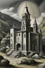Placeholder: A gray monastery made out if steel painted by Thomas Hart Benton