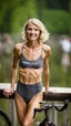 Placeholder: anorexic beautiful girl, age 21, total shot, short anthracite triathlon swimsuit, blonde wavy bob haircut, blurred background